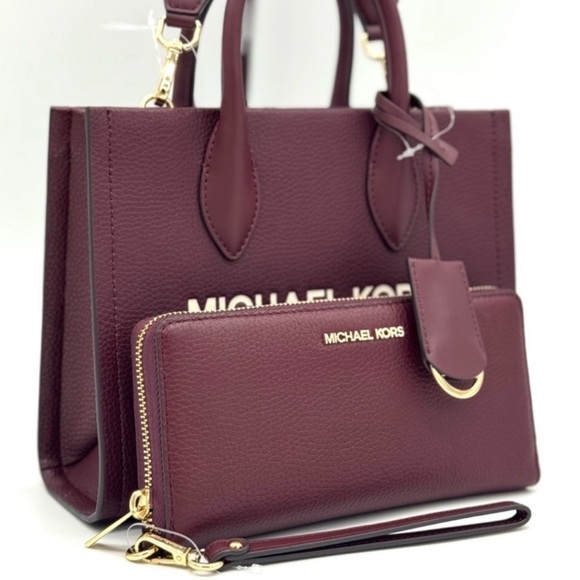Michael Kors Large Charlotte Tote Bag & Continental Wallet Wristlet Ox Blood - Picture 1 of 11